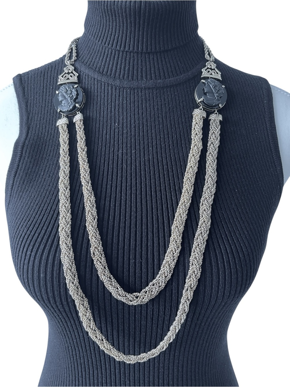 Juicy Couture Gold-Tone Double Braided Strand Rope Necklace with Black Cameos